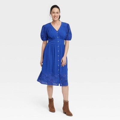 Knox Rose Women's Short Puff Sleeve Eyelet Midi Dress Smocked Waist Knox RoseBullseye Deals