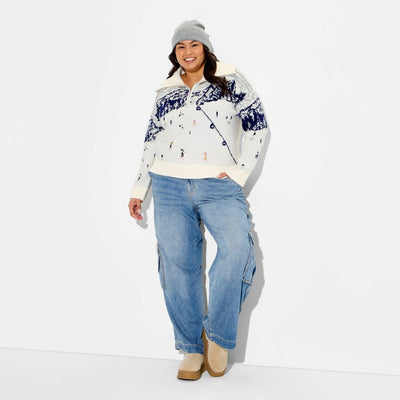 New - Women's Polo Collar Quarter Zip Novelty Pullover Sweater - Wild Fable™ Off-White Landscape 1X