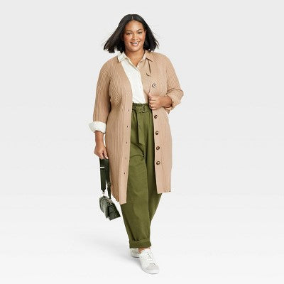 New - Ava & Viv Women's Plus Button Down Rib Duster Cardigan Side Vent Ribbed Ava & VivBullseye Deals
