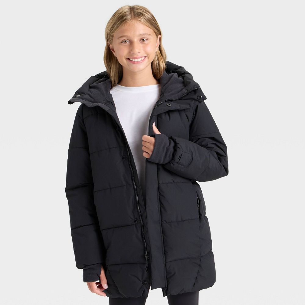 Open Box - Girls' Hooded Puffer Jacket - All In Motion™ Black XS