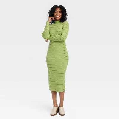 House of Aama Women's High Neck idi Knit Dress Long Sleeve, Green Striped, House of Aama x Target