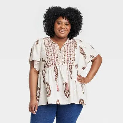 Knox Rose Women's Flutter Short Sleeve Printed V-Neck Top with Tie Detail Knox RoseBullseye Deals