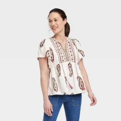 Knox Rose Women's Flutter Short Sleeve Printed V-Neck Top with Tie Detail Knox RoseBullseye Deals