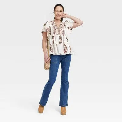 Knox Rose Women's Flutter Short Sleeve Printed V-Neck Top with Tie Detail Knox RoseBullseye Deals