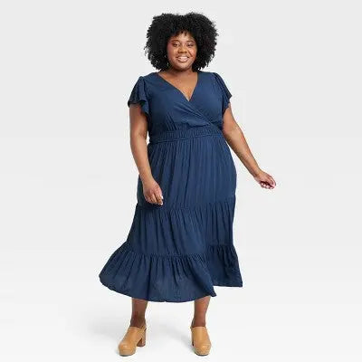 Knox Rose Women's Flutter Short Sleeve Tiered A-Line Midi Dress with Pockets - Secondipity