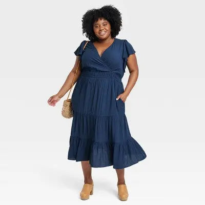 Knox Rose Women's Flutter Short Sleeve Tiered A-Line Midi Dress with Pockets - Secondipity