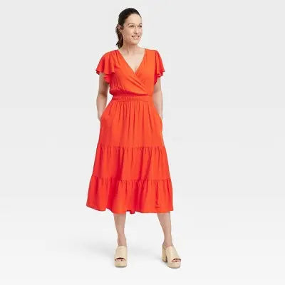 Knox Rose Women's Flutter Short Sleeve Tiered A-Line Midi Dress with Pockets - Secondipity