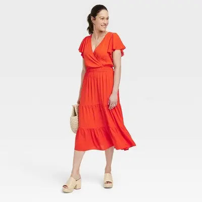 Knox Rose Women's Flutter Short Sleeve Tiered A-Line Midi Dress with Pockets - Secondipity