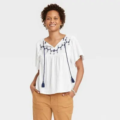 Knox Rose Women's Keyhole Drawstring Flutter Sleeve Top Short Aztec Embroidery Knox RoseBullseye Deals
