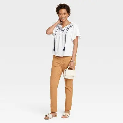 Knox Rose Women's Keyhole Drawstring Flutter Sleeve Top Short Aztec Embroidery Knox RoseBullseye Deals