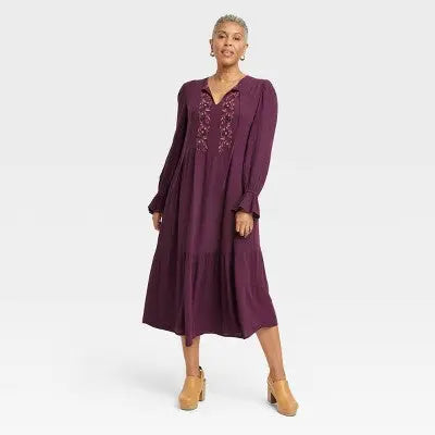 Knox Rose Women's Long Sleeve Embroidered A-Line Maxi Dress - Secondipity