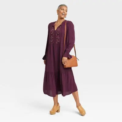 Knox Rose Women's Long Sleeve Embroidered A-Line Maxi Dress - Secondipity