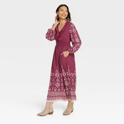 Knox Rose Women's Long Sleeve Smocked Maxi Dress Elastic Waist Knox RoseBullseye Deals