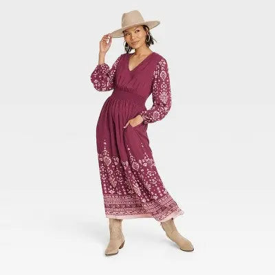 Knox Rose Women's Long Sleeve Smocked Maxi Dress Elastic Waist Knox RoseBullseye Deals