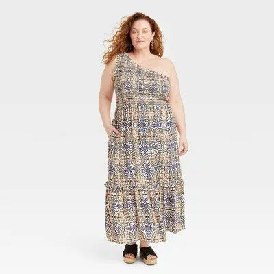 Women's Plus Size Sleeveless One-Shoulder A-Line Maxi Dress, Lightweight Rayon - Secondipity