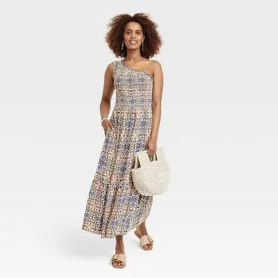 Women's Sleeveless One-Shoulder A-Line Maxi Dress, Lightweight Fabric, Knox Rose - Secondipity