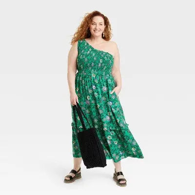 Women's Sleeveless One-Shoulder A-Line Maxi Dress, Lightweight Fabric, Knox Rose - Secondipity