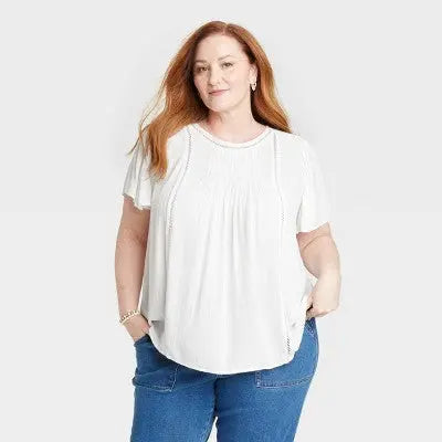 Knox Rose Women's Plus Flutter Sleeve Eyelet Embroidered Top with Back Button Knox RoseBullseye Deals