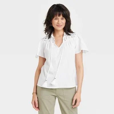 Knox Rose Women's Plus Mandarin Collar Eyelet Top Basic Accents Tassel Tie Knox RoseBullseye Deals