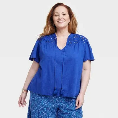 Knox Rose Women's Plus Mandarin Collar Eyelet Top Basic Accents Tassel Tie Knox RoseBullseye Deals