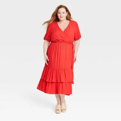 Knox Rose Women's Plus Size Short Sleeve Wrap Tiered Midi Dress Knox RoseBullseye Deals