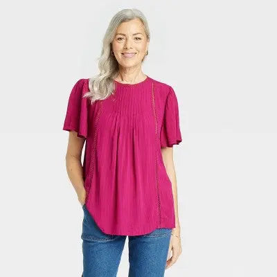 Knox Rose Women's Round Neck Eyelet Embroidered Top Flutter Slit Closure Knox RoseBullseye Deals
