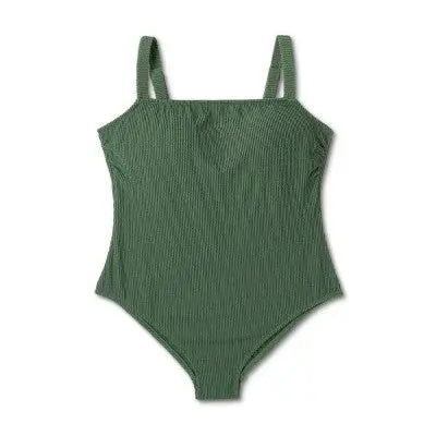 Kona Sol Pucker Textured Square Neck Swimsuit - Full Coverage, Adjustable Straps - Secondipity