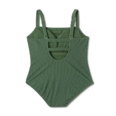 Kona Sol Pucker Textured Square Neck Swimsuit - Full Coverage, Adjustable Straps - Secondipity