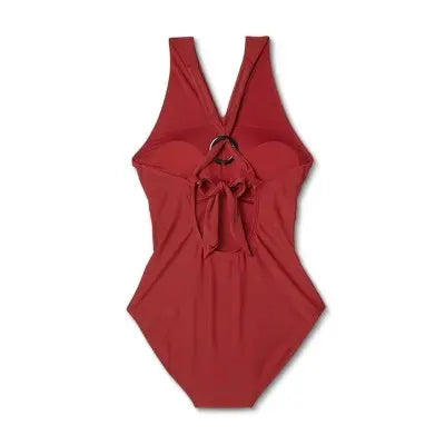 Kona Sol Red Ring Crossover Ruched Swimsuit - Full Coverage & Removable Cups - Secondipity