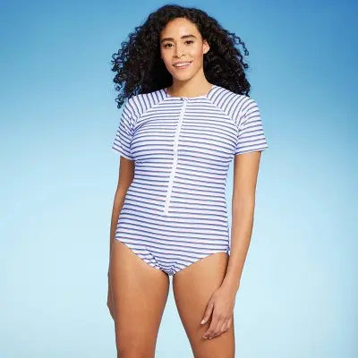Kona Sol Striped Rash Guard Swimsuit - UPF 50+ Full Coverage & Front Zipper - Secondipity