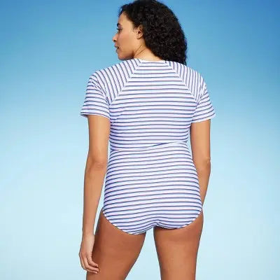 Kona Sol Striped Rash Guard Swimsuit - UPF 50+ Full Coverage & Front Zipper - Secondipity