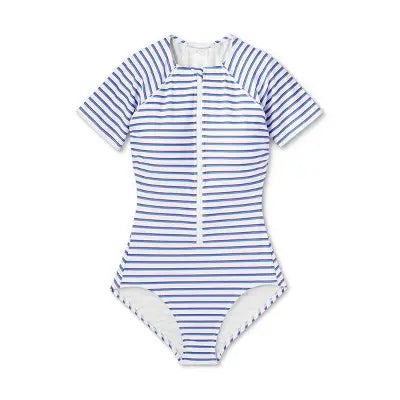 Kona Sol Striped Rash Guard Swimsuit - UPF 50+ Full Coverage & Front Zipper - Secondipity