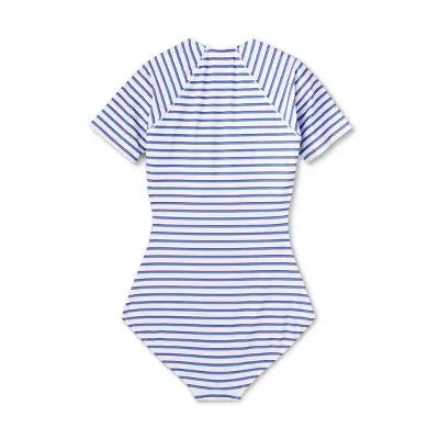 Kona Sol Striped Rash Guard Swimsuit - UPF 50+ Full Coverage & Front Zipper - Secondipity