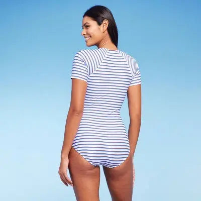 Kona Sol Striped Rash Guard Swimsuit - UPF 50+ Full Coverage & Front Zipper - Secondipity