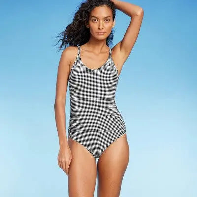 Kona Sol Women's Gingham Textured Ruched Full Coverage One-Piece Swimsuit - Secondipity