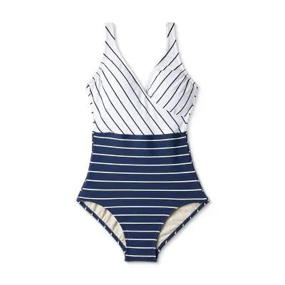 Kona Sol Women's Striped V-Neck Full Coverage One-Piece Swimsuit Kona Sol
