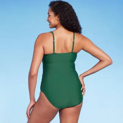 Kona Sol Women's Tie-Front Ruched Full Coverage Swimsuit - Dark Green - Secondipity