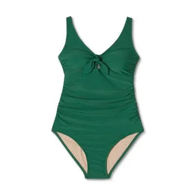 Kona Sol Women's Tie-Front Ruched Full Coverage Swimsuit - Dark Green - Secondipity