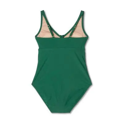 Kona Sol Women's Tie-Front Ruched Full Coverage Swimsuit - Dark Green - Secondipity
