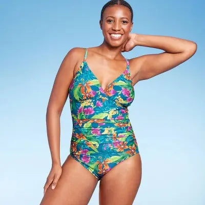 Kona Sol Women's Tropical Print Shirred Full Coverage One-Piece Swimsuit - Secondipity