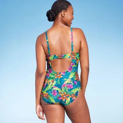 Kona Sol Women's Tropical Print Shirred Full Coverage One-Piece Swimsuit - Secondipity