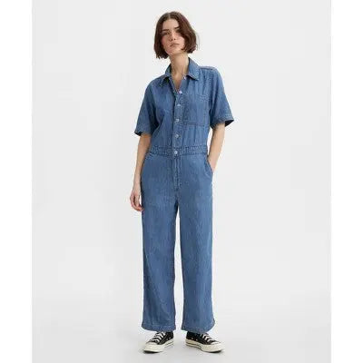 Levi's Women's Short Sleeve Denim Jumpsuits Overalls Straight Leg, Dark Blue Levi'sBullseye Deals