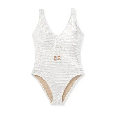 Luxe Cream Lace-Up Swimsuit: Textured Finish, Flexible Fit - Secondipity