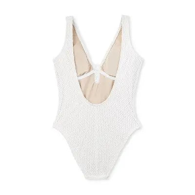 Luxe Cream Lace-Up Swimsuit: Textured Finish, Flexible Fit - Secondipity