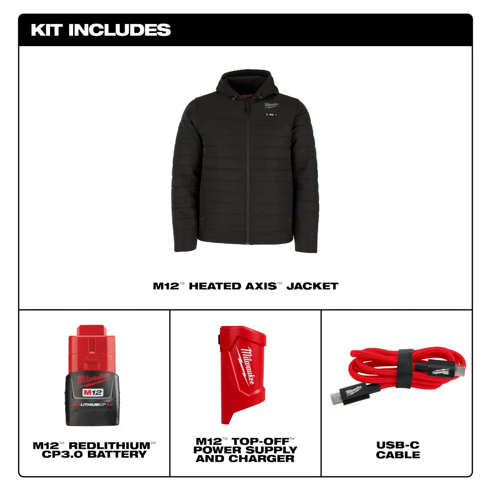 Used - Men's 2 X-Large M12 12V Lithium-Ion Cordless Axis Black Heated Quilted Hooded Jacket Kit (1) 3.0 Ah Battery and Charger