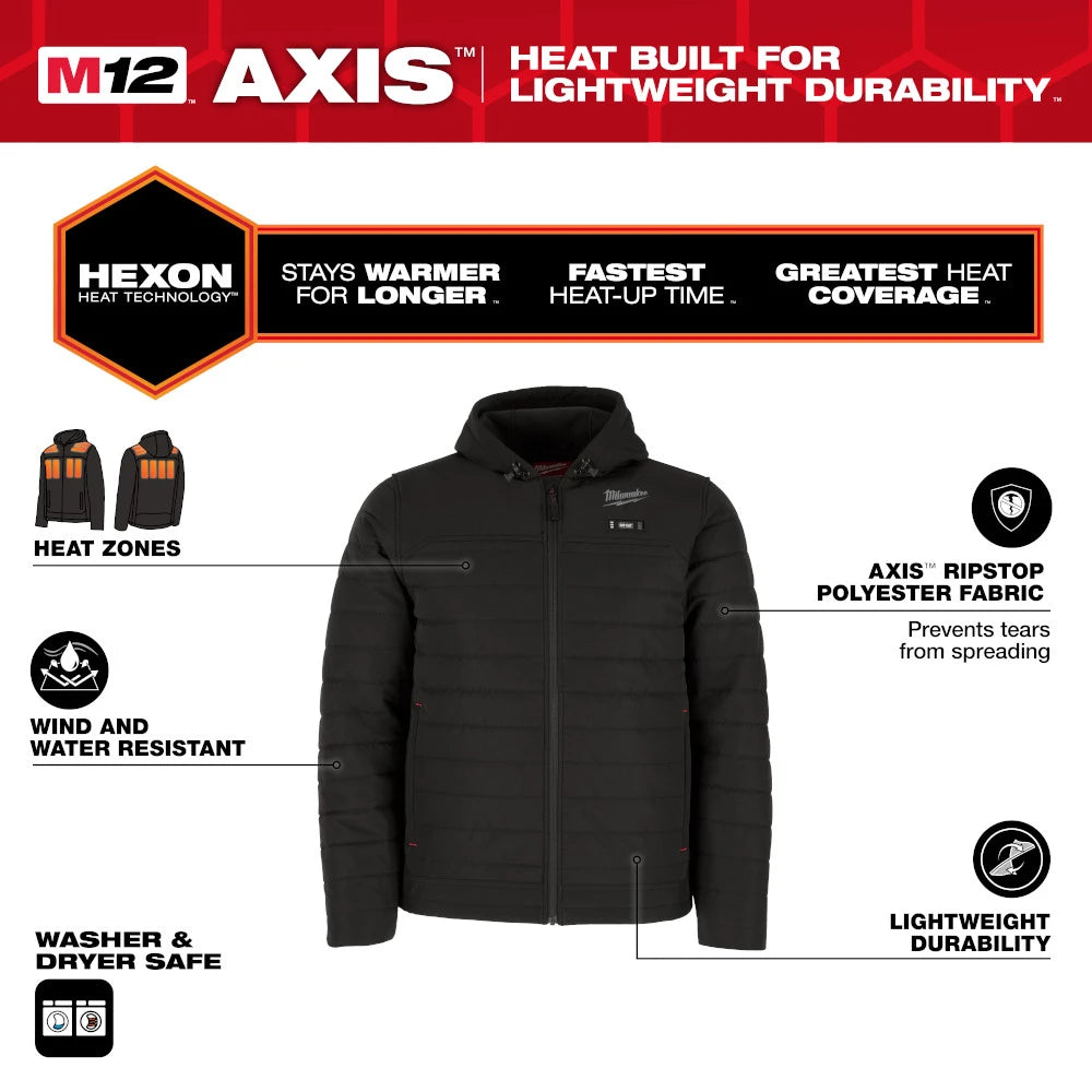 Open Box -  Men's 2 X-Large M12 12V Lithium-Ion Cordless Axis Black Heated Quilted Hooded Jacket Kit (1) 3.0 Ah Battery and Charger