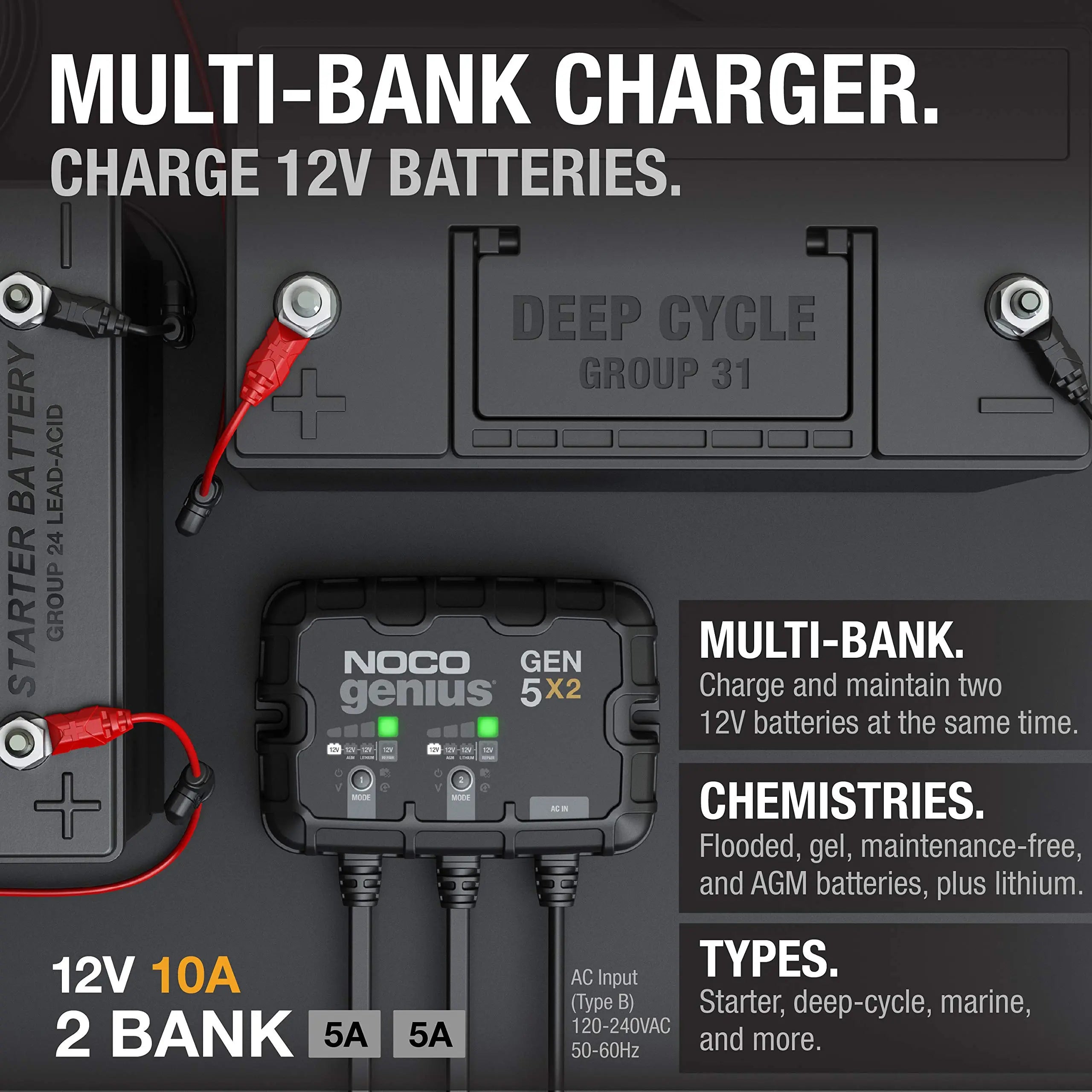 NOCO Genius GEN5X2 2-Bank 10A (5A/Bank) 12V Onboard Battery Charger and Maintainer NOCOBullseye Deals