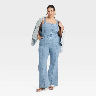 New - Ava & Viv Women's Denim Flare Jumpsuits Sleeveless Overalls Ava & VivBullseye Deals