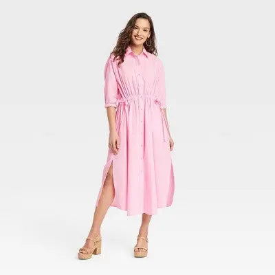 New - Universal Thread Women's Cinch Waist Midi Shirt Dress Cinched Waist Universal ThreadBullseye Deals
