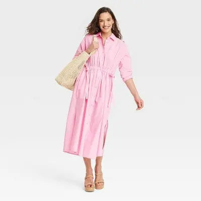 New - Universal Thread Women's Cinch Waist Midi Shirt Dress Cinched Waist Universal ThreadBullseye Deals
